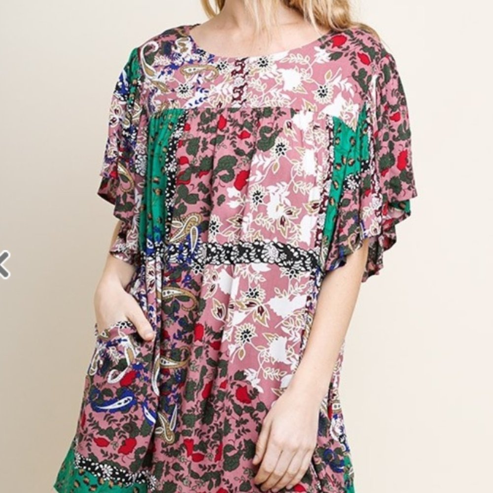 Floral Mixed Print Short Ruffle Sleeve Keyhole Dress with Pockets